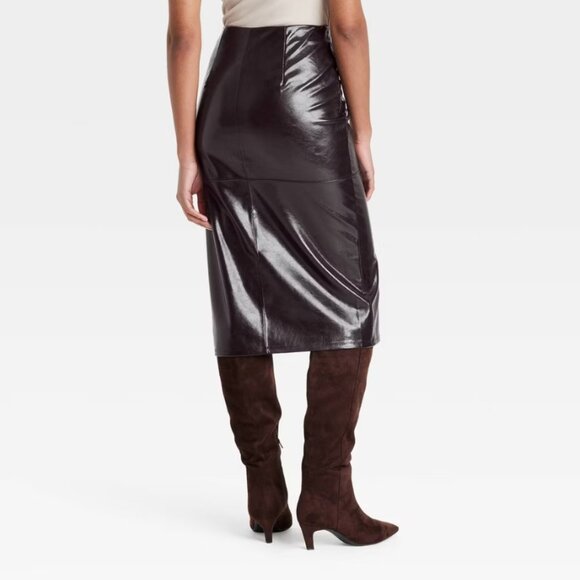 NWT A New Day Women's 14 Brown Faux Leather Midi Skirt Slit Front Side Zip - Picture 2 of 13